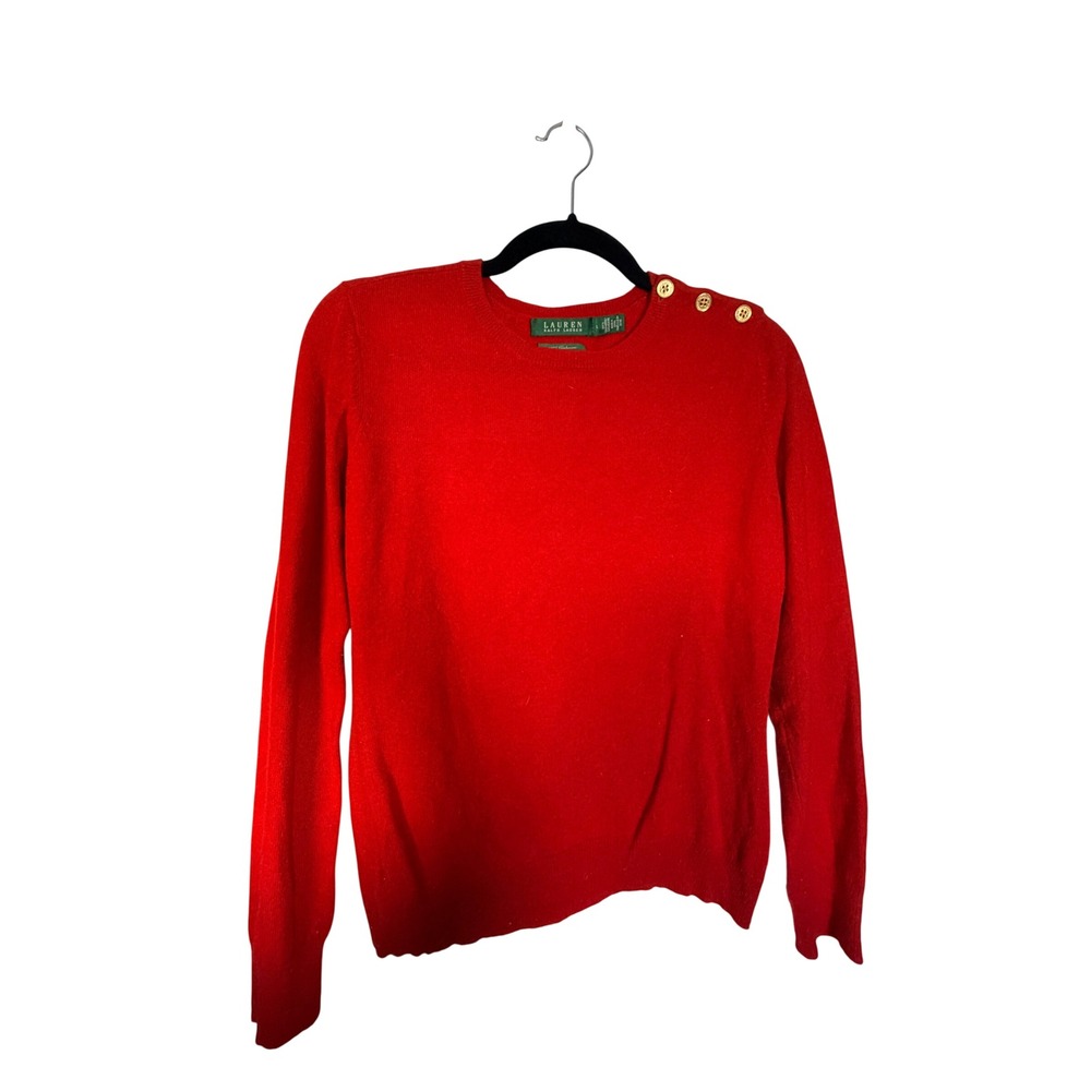 Lauren Ralph Lauren Red 100% Cashmere Button Shoulder Crewneck Sweater Large